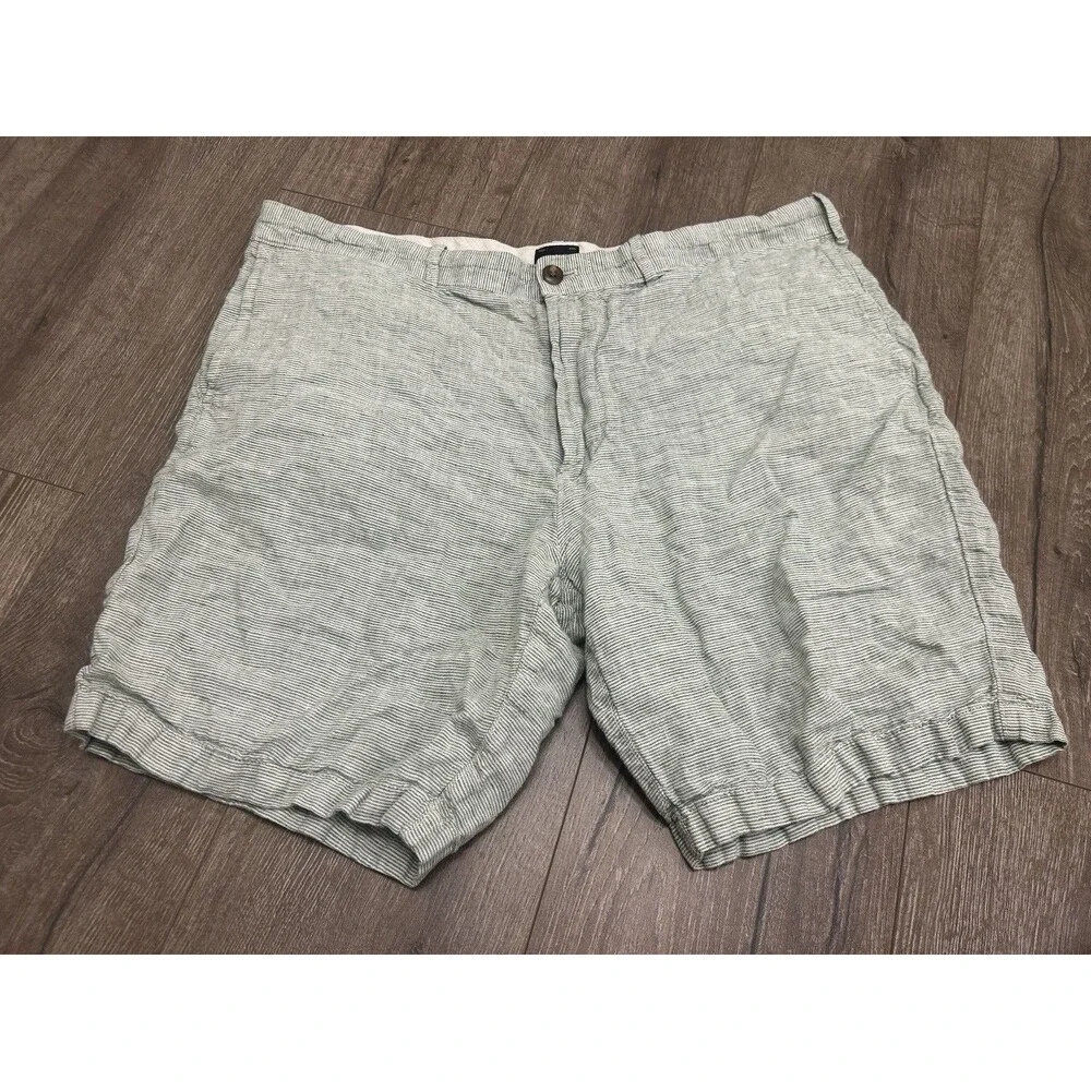 J Crew Linen Shorts Men’s 38 Green White Striped 8.5” Casual BO858